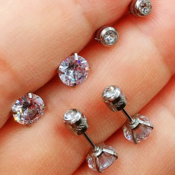 Diamond stud screw on earrings 6mm Hypoallergenic Cubic Zirconia Stainless Steel - Picture 5 of 7